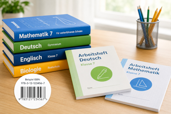 Schulbücher und Arbeitshefte auf dem Tisch gestapelt